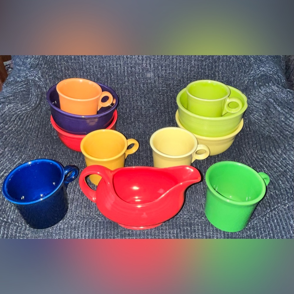 Fiestaware Multi-colored Mugs, Bowl and Gravy Boat